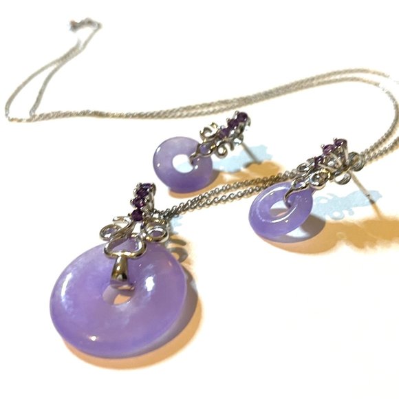💜 Sterling Silver Lavender Jade Amethyst Earrings and Pendant Necklace Set 925 - Picture 6 of 15